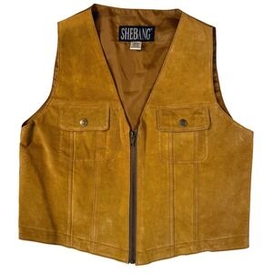 VINTAGE Western Womens Genuine Leather Suede Vest Tan Zipper Pockets Size M